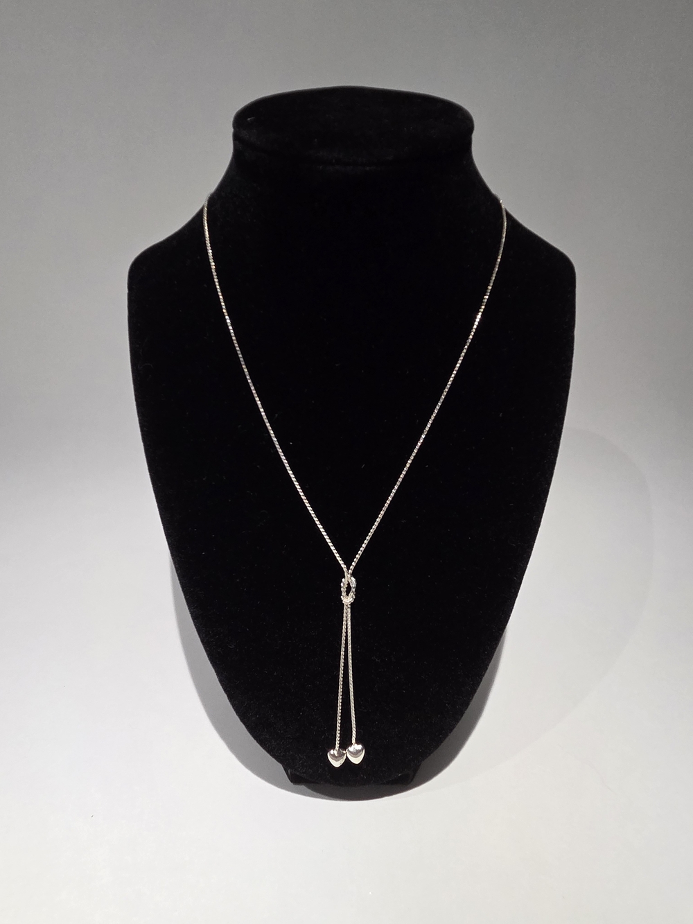 Delicate Silver-tone Lariat Necklace with Double Heart Drops